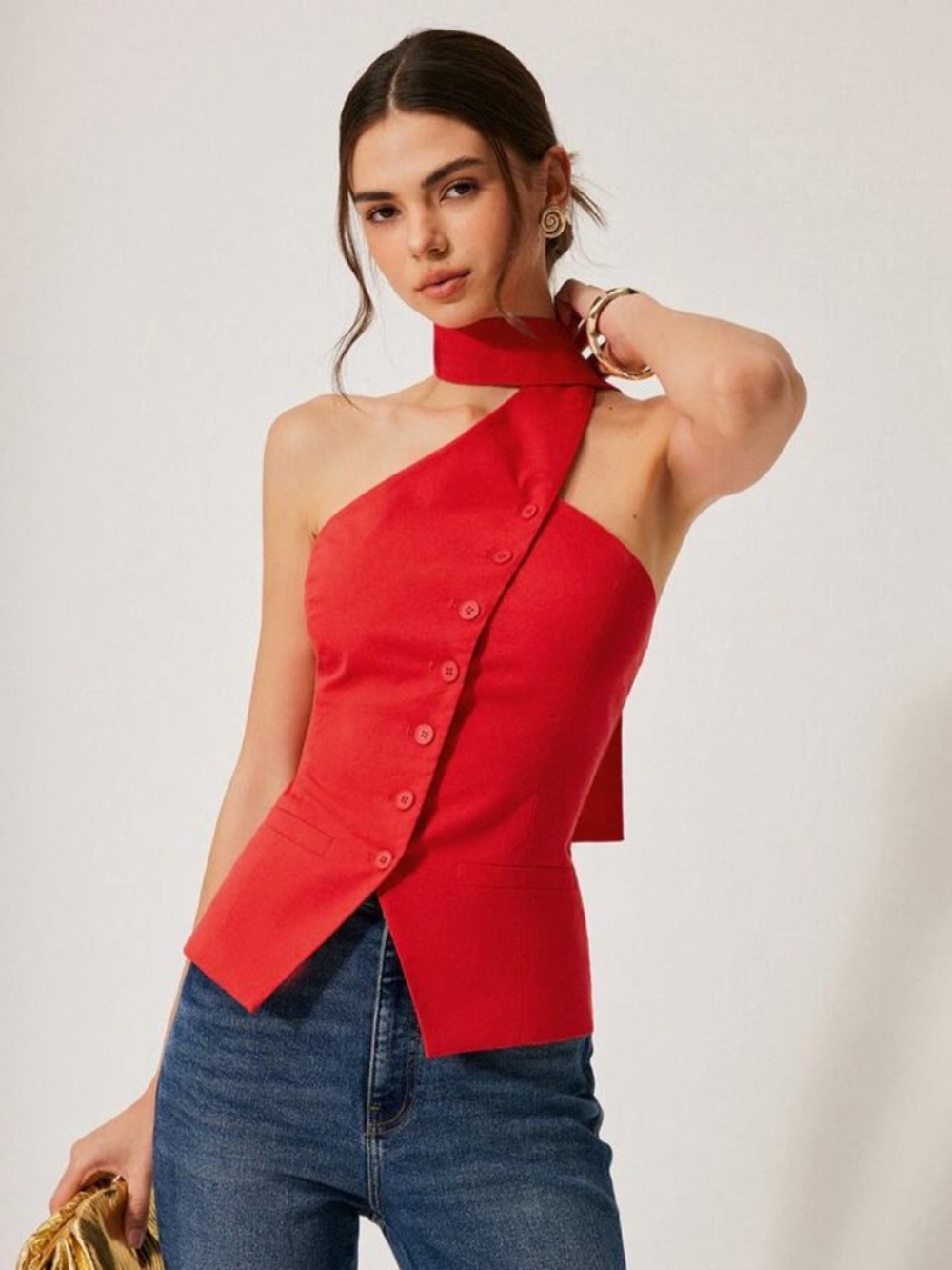 COMMENSE Cotton & Linen Halter Top With Decor Pockets